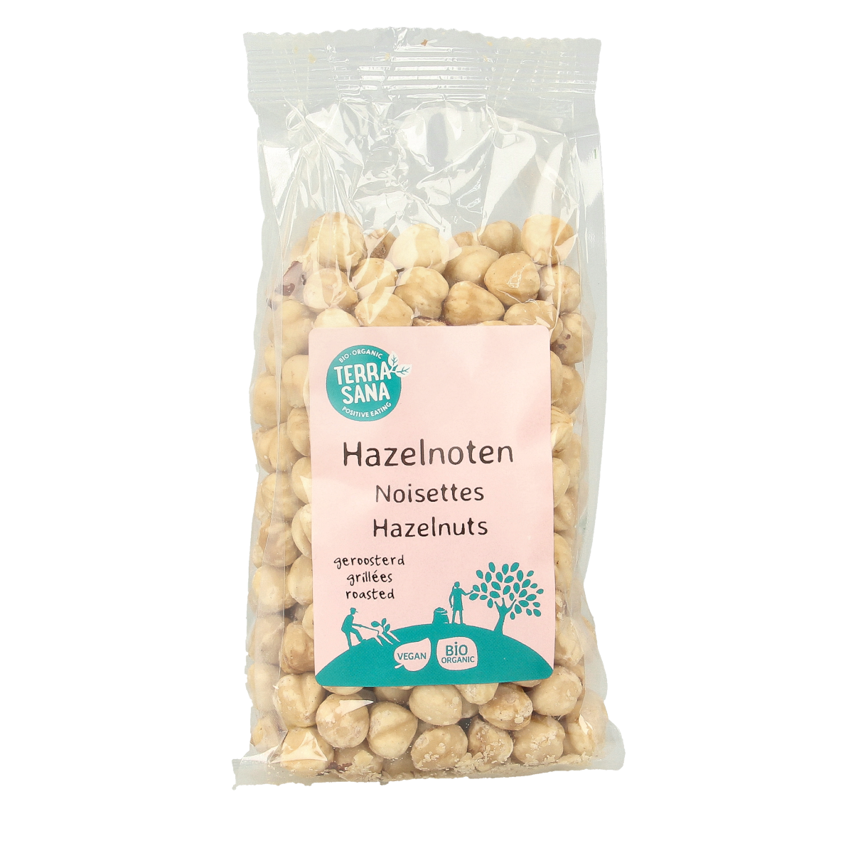 Roasted hazelnuts from TerraSana in 250g package, organic chips and zoutjes with crunchy, golden-brown hazelnuts.