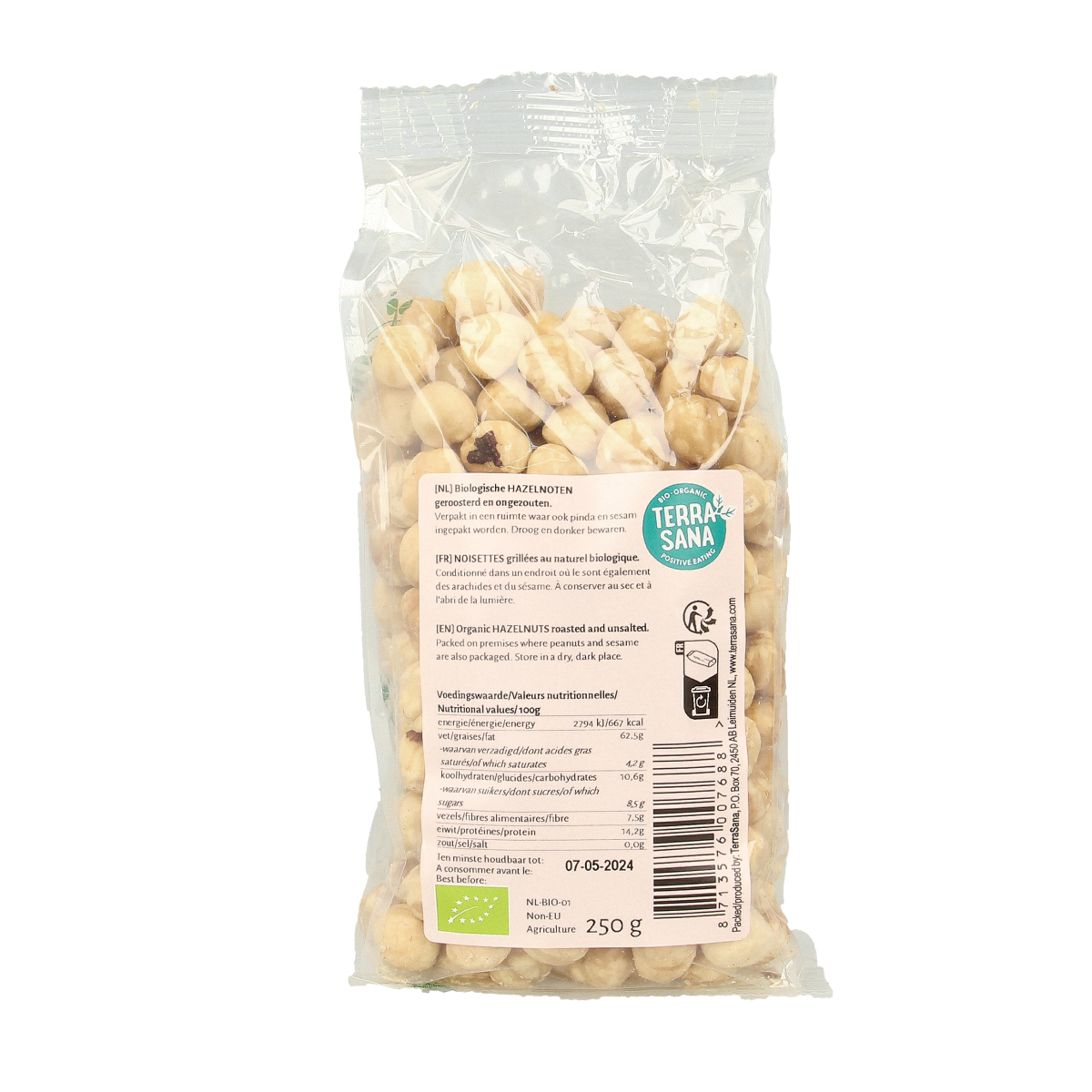 Roasted organic hazelnuts by TerraSana in a 250g package, shown as natural, whole hazelnuts in the image.