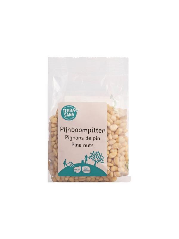 Raw TerraSana bio pine nuts in a 150g package, showcasing fresh, natural pine nuts from the superfoods collection.