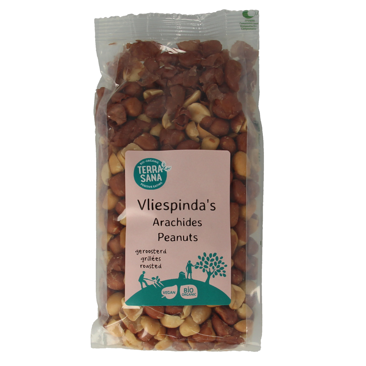 TerraSana Pinda vlies zonder zout geroosterd bio 250g, crunchy roasted peanut chips in a natural, salt-free snack package.