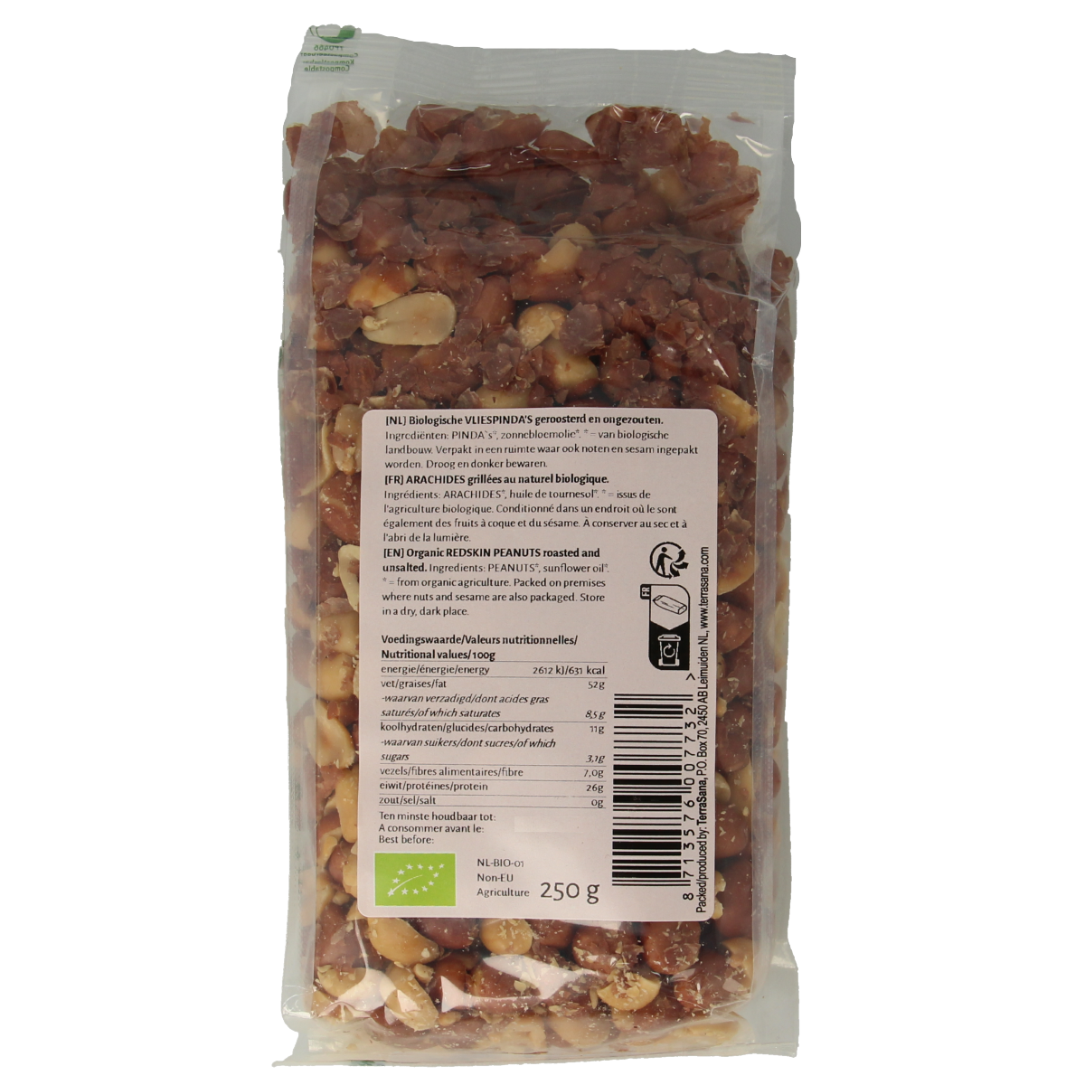 TerraSana Pinda Vlies zonder zout geroosterd bio chips en zoutjes, 250g, in een open verpakking met pinda's zichtbaar.