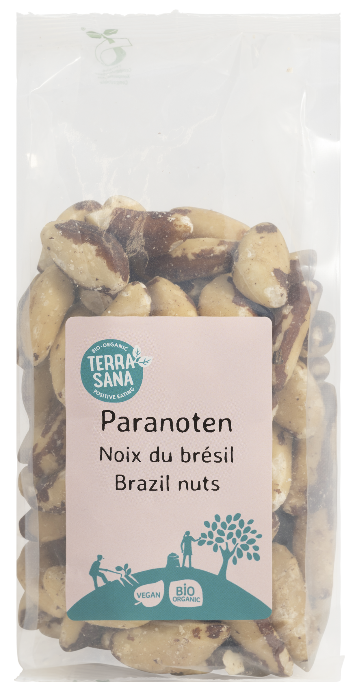 TerraSana Paranoten bio chips en zoutjes in 250g package, featuring salted and roasted nuts and seeds in a natural, organic presentation.