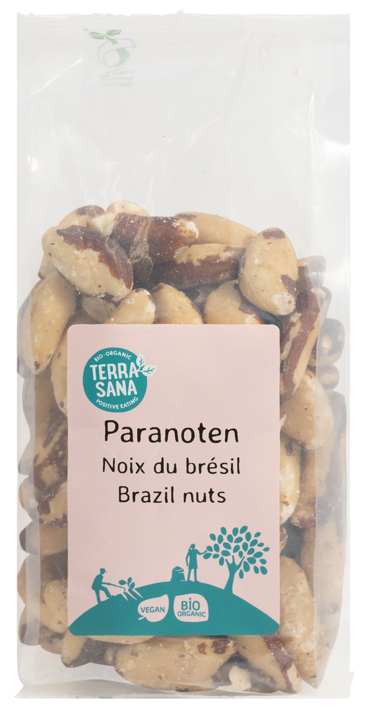TerraSana Paranoten bio chips en zoutjes in 250g package, featuring salted and roasted nuts and seeds in a natural, organic presentation.