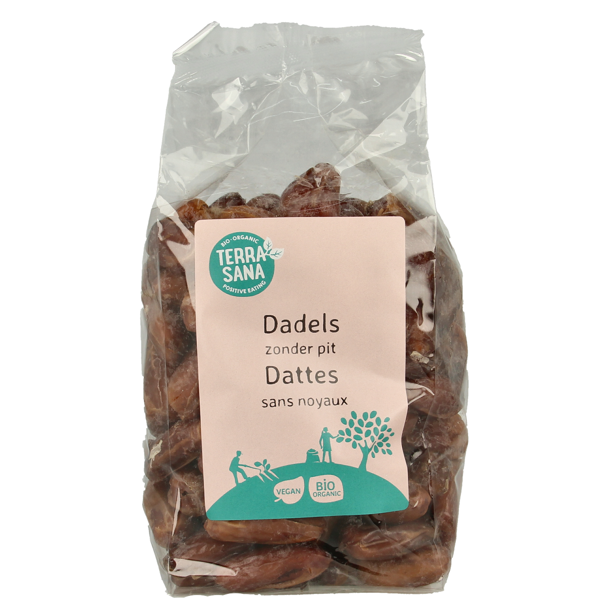 TerraSana organic raw pitted dates in a 750g package, natural superfood with no pits, ideal for healthy snacking.