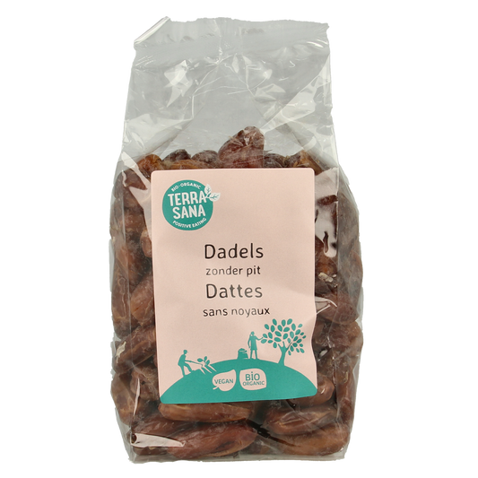 TerraSana organic raw pitted dates in a 750g package, natural superfood with no pits, ideal for healthy snacking.
