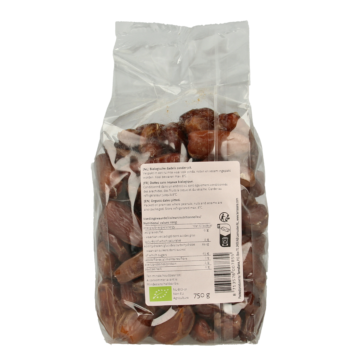 Raw organic pitted dates by TerraSana in a 750g package, showcasing fresh, naturally dried date fruits without pits.