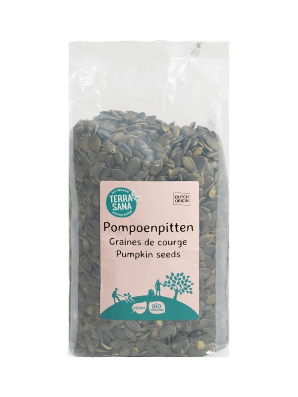 Organic TerraSana pumpkin seeds in a 750g bag, raw and nutrient-rich superfoods, shown in a clear product package.