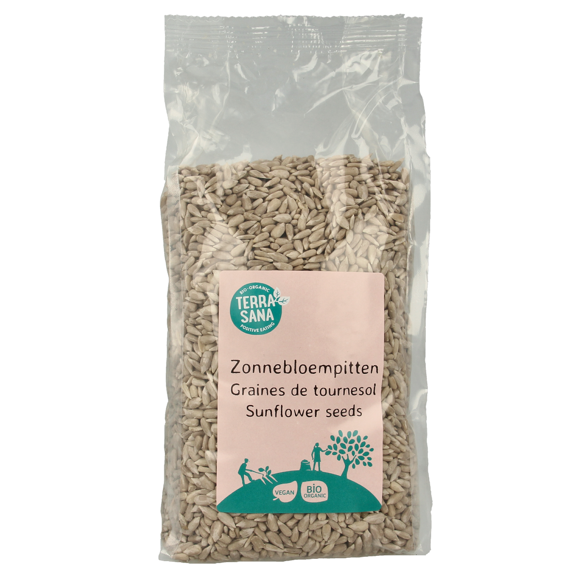 Raw TerraSana bio sunflower seeds in a 750g package, shown in a clear, close-up image of the organic superfoods product.