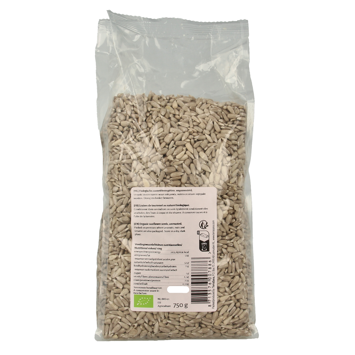 Raw TerraSana bio sunflower seeds in a 750g package, showing the green and yellow seeds in a clear container.
