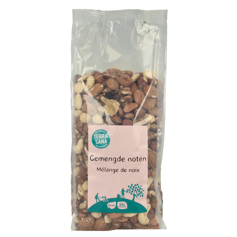 Terrasna Gemengde noten bio 750g package, showing mixed organic nuts in a clear bag.