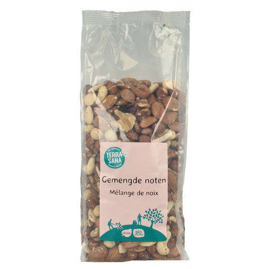Terrasna Gemengde noten bio 750g package, showing mixed organic nuts in a clear bag.