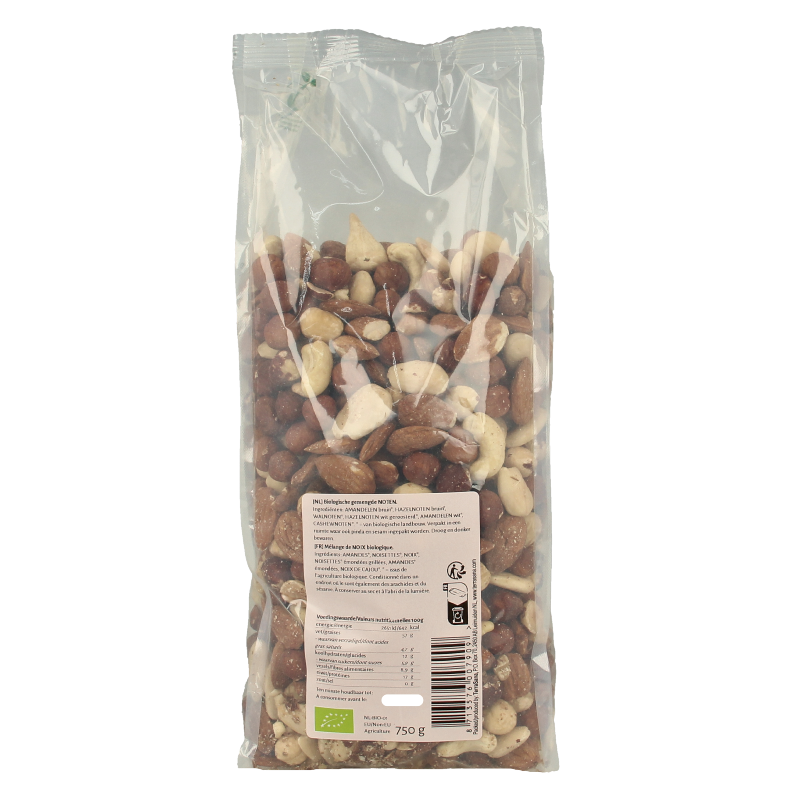 Organic mixed nuts from TerraSana in 750 grams package, featuring a variety of salted and crunchy nut types.