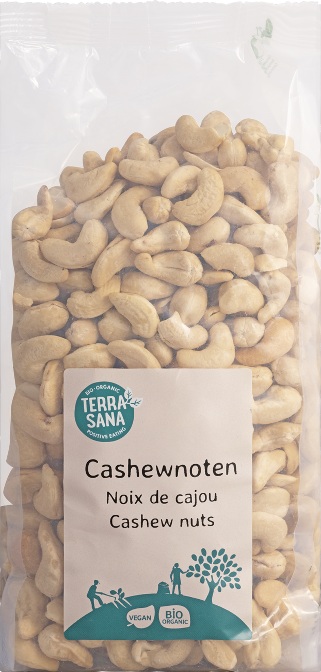 Raw organic cashew nuts by TerraSana, unsalted and roasted without salt, shown in a 750 gram package.