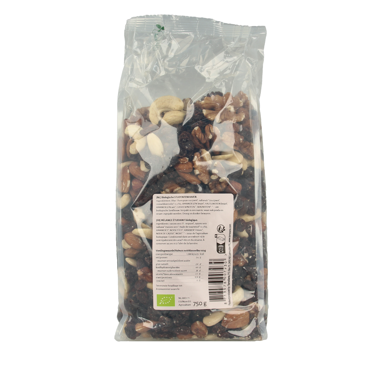 TerraSana bio studentenhaver chips en zoutjes in 750g bag, showing crunchy, salted snack pieces and whole raw sunflower seeds.