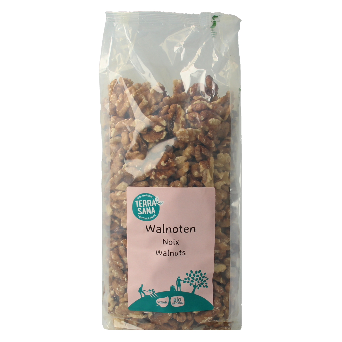 Raw organic shelled walnuts from TerraSana, superfoods product in a 600g package, with whole walnuts visible in the image.