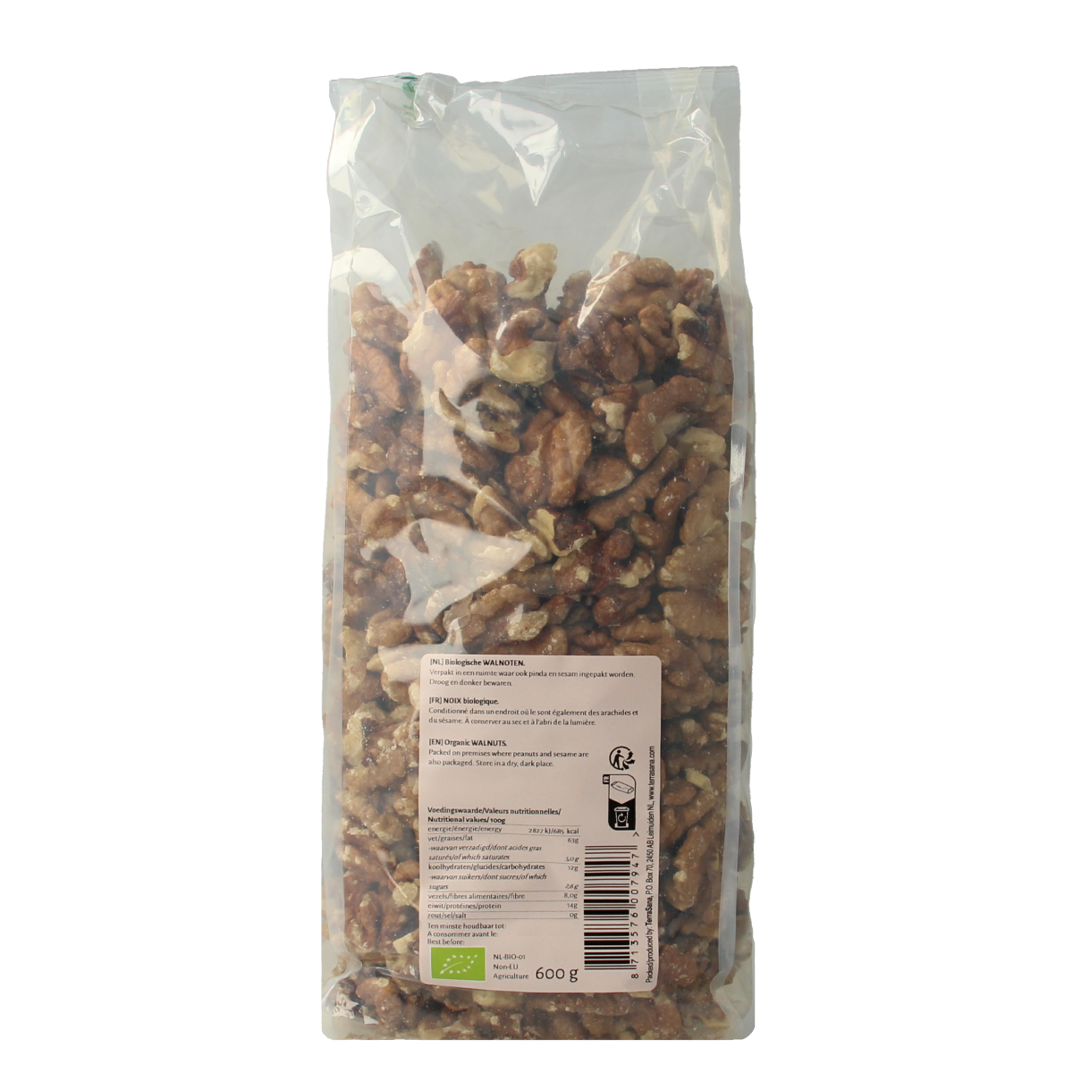 Raw TerraSana Super Walnoten gepeld bio in 600g package, showcasing shelled organic walnuts on a clean background.