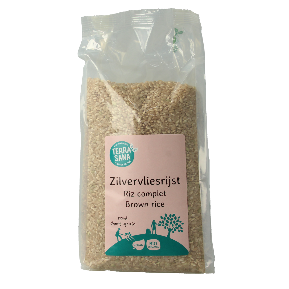 Organic TerraSana silver wholegrain rice in a 1kg bag, showing the packaging and fresh rice grains.