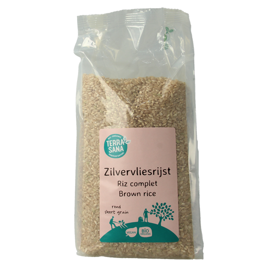 Organic TerraSana silver wholegrain rice in a 1kg bag, showing the packaging and fresh rice grains.