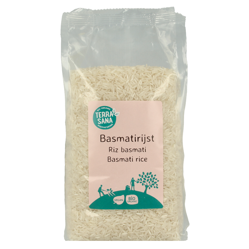 Organic TerraSana Basmati rice in a 1kg package, showcasing the white long-grain rice ready for cooking.