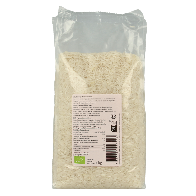 Organic TerraSana Basmati rice in a 1kg bag, showcasing the white, long-grain rice suitable for cooking or serving.