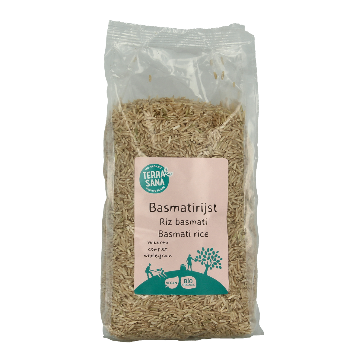 Organic TerraSana Basmati brown rice in a 1kg package, showcasing the packaging with the TerraSana branding.