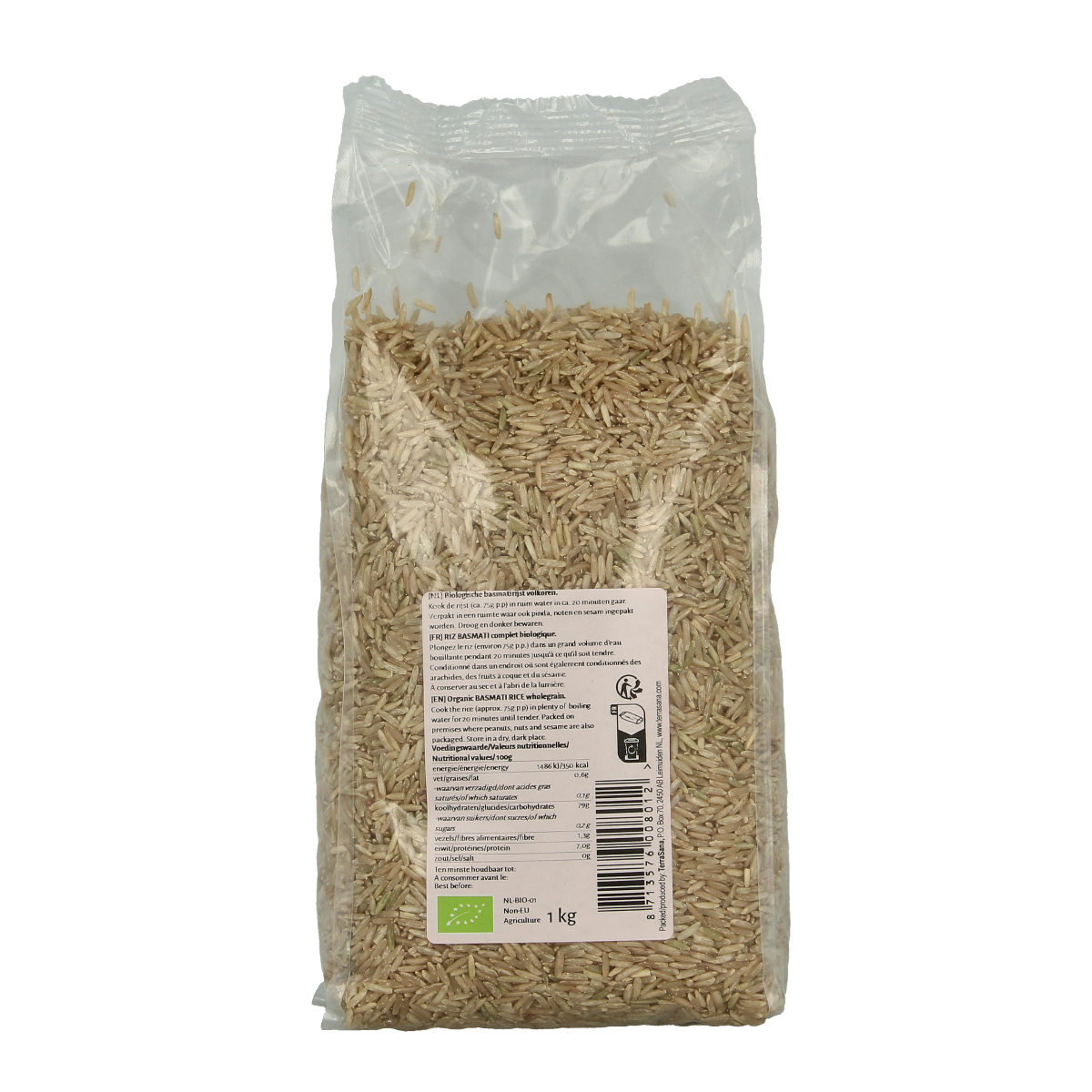 Organic TerraSana Basmati brown rice in 1kg bag, showcasing the packaging with rice grains visible.