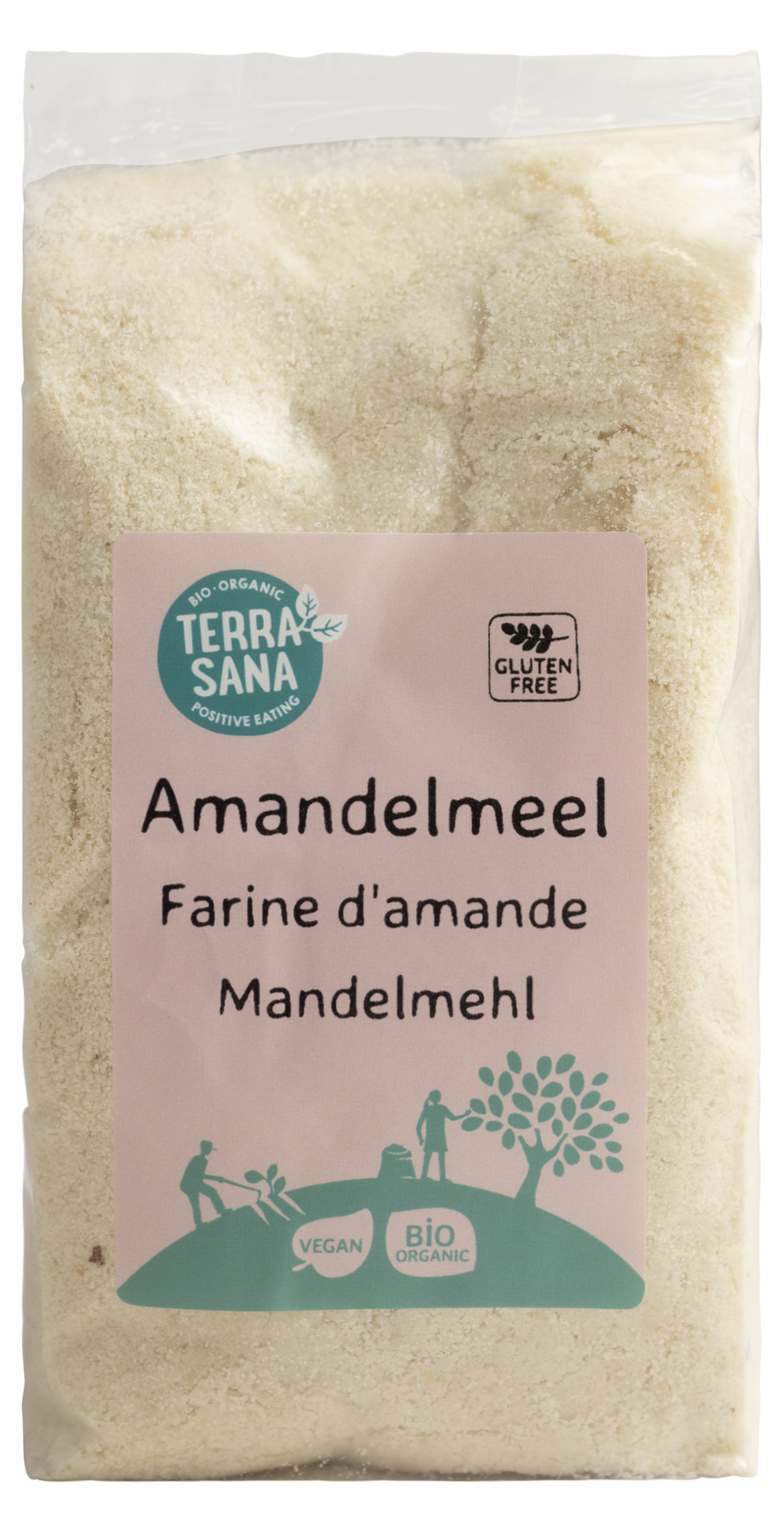 Organic TerraSana almond flour in a 250g package, shown in a clear image of the gluten-free baking ingredient.
