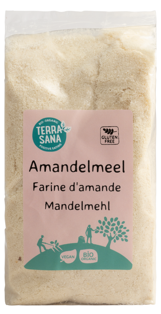 Organic TerraSana almond flour in a 250g package, shown in a clear image of the gluten-free baking ingredient.