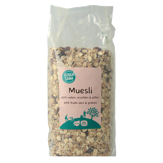 Organic TerraSana Muesli with nuts and dried fruits in a 750g package, featuring a mix of breakfast grains and natural ingredients.