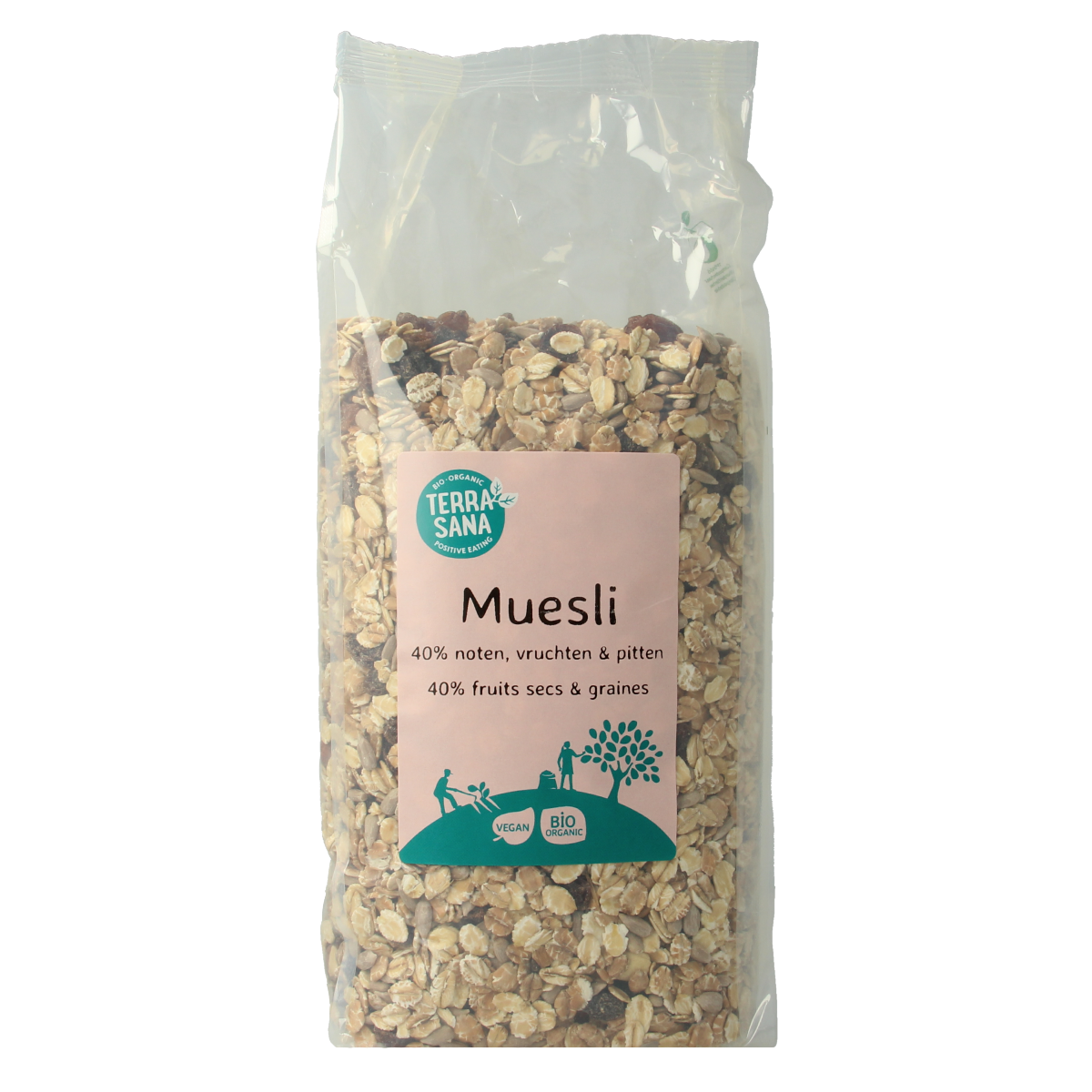 TerraSana bio muesli with nuts and dried fruits in a 750g package, showing the mixture of grains, nuts, and dried fruits.