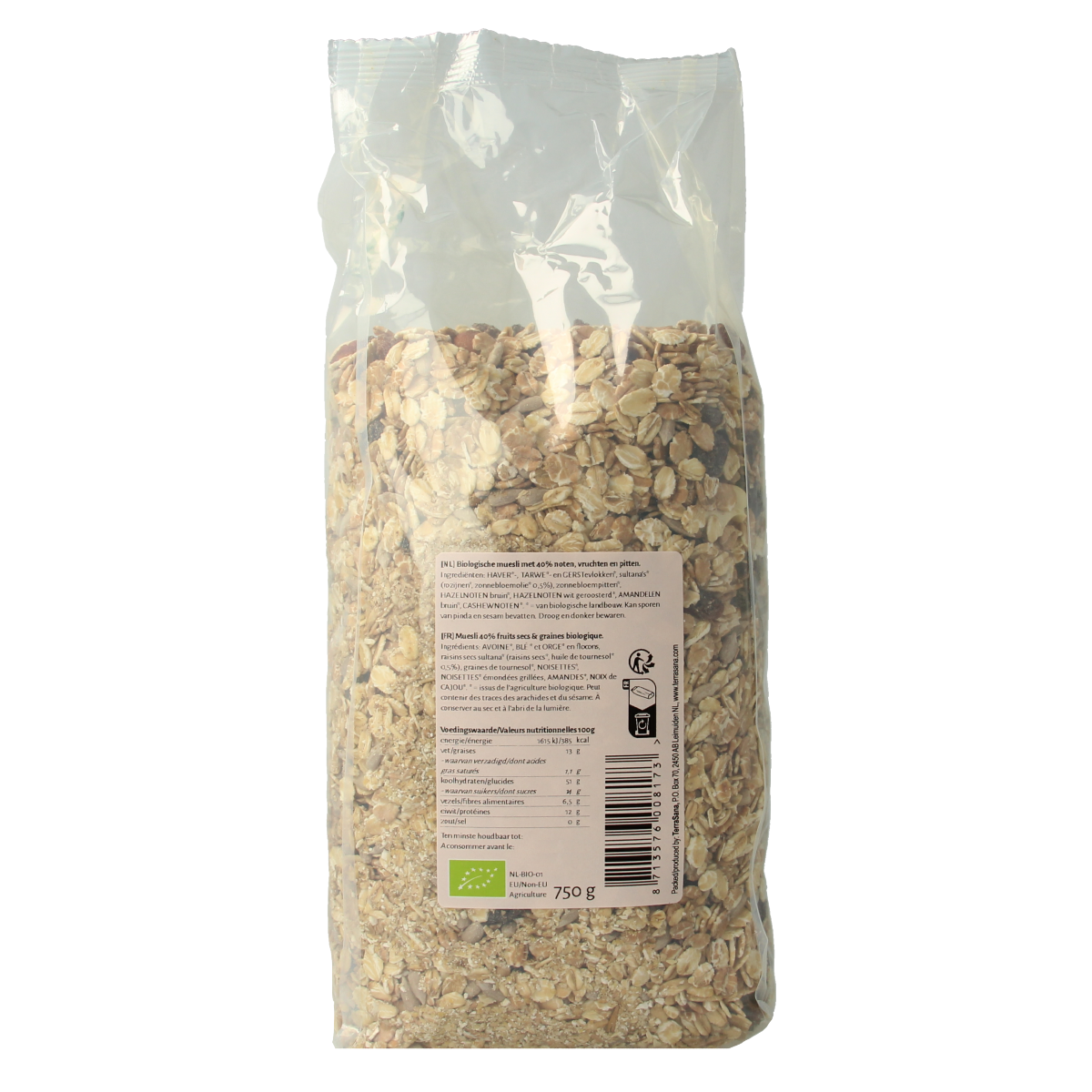 TerraSana bio muesli with nuts and dried fruits in a 750g package, showing a close-up of the mixed breakfast cereal.