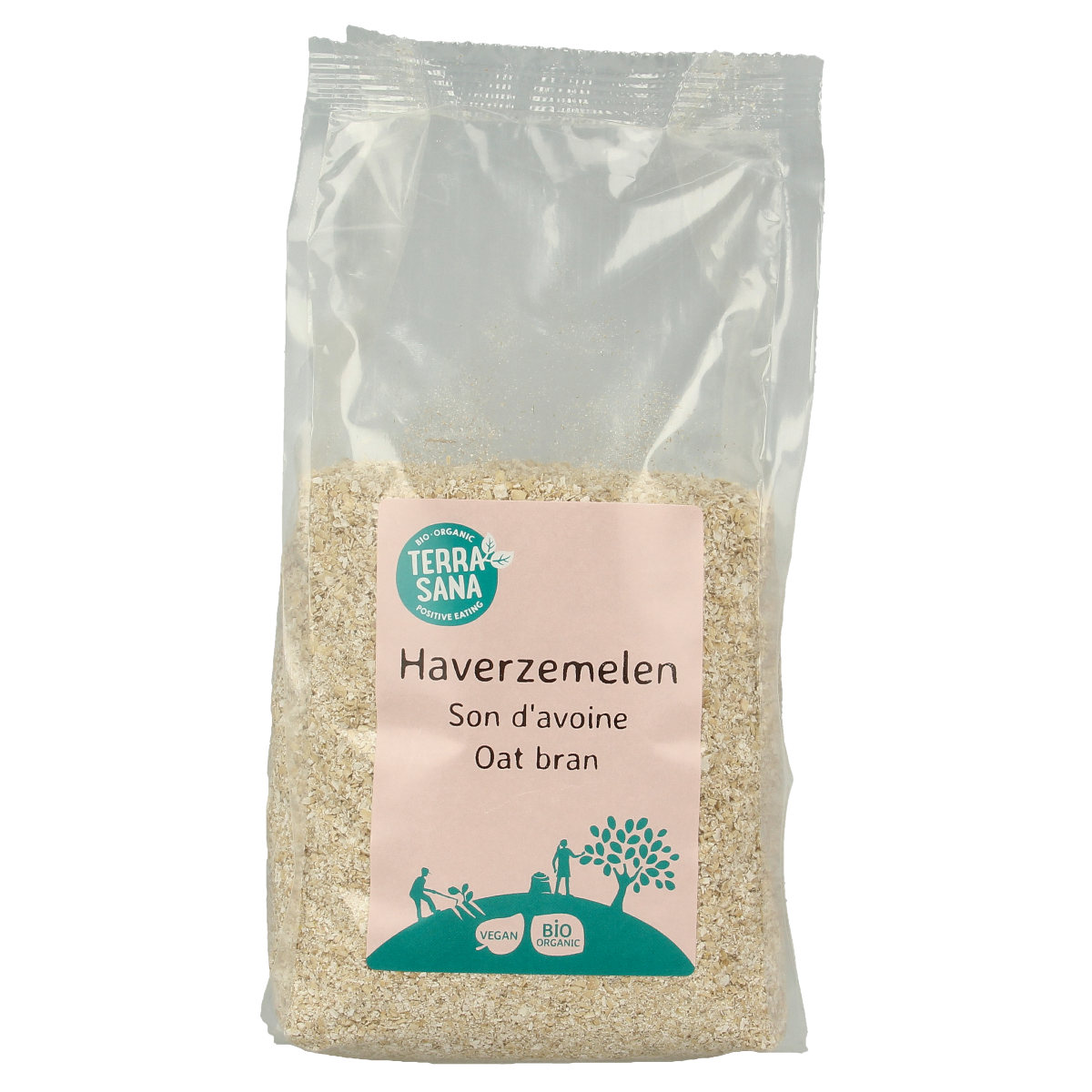 Organic TerraSana Haverzemelen breakfast cereal in a 500g package, showing a close-up of the product with grains and branding.