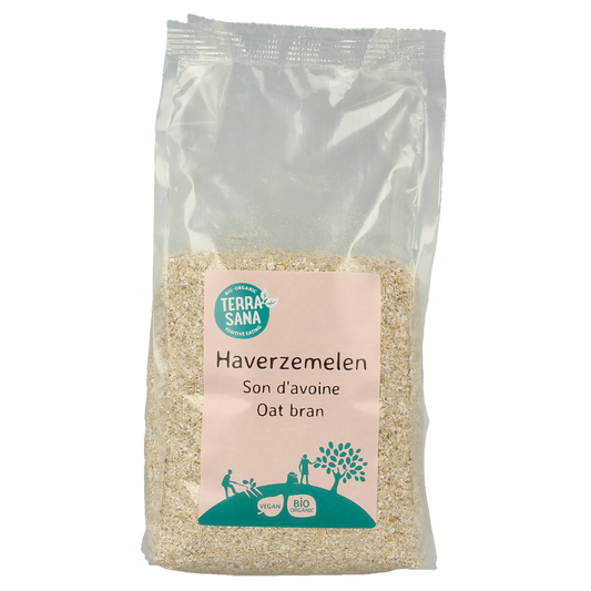 Organic TerraSana Haverzemelen breakfast cereal in a 500g package, showing a close-up of the product with grains and branding.