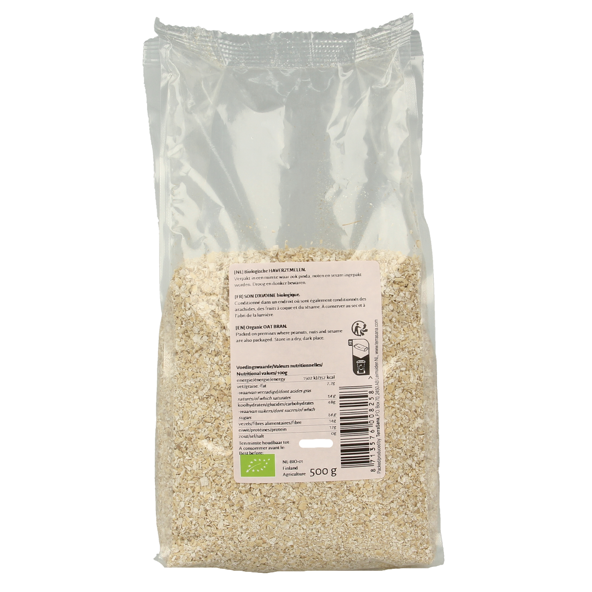 Organic TerraSana Haverzemelen breakfast cereal in a 500g package, showing a close-up of the textured oats.