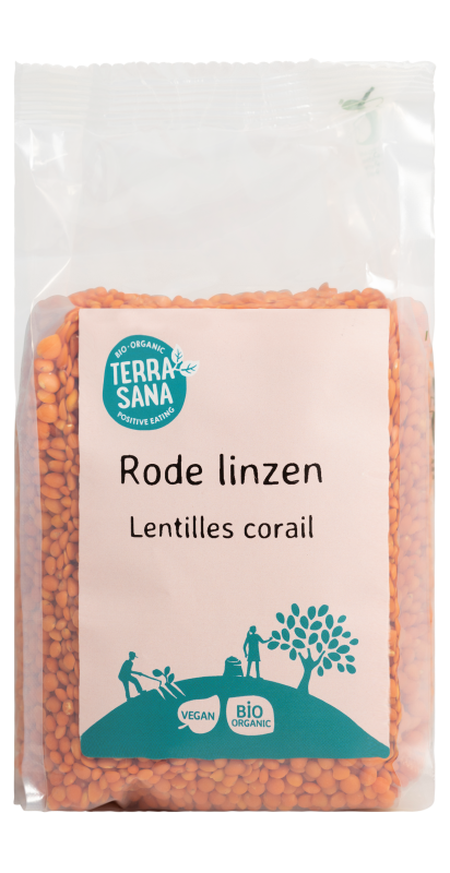 TerraSana organic red lentils in a 500g package, raw legume, healthy food, fresh and natural.