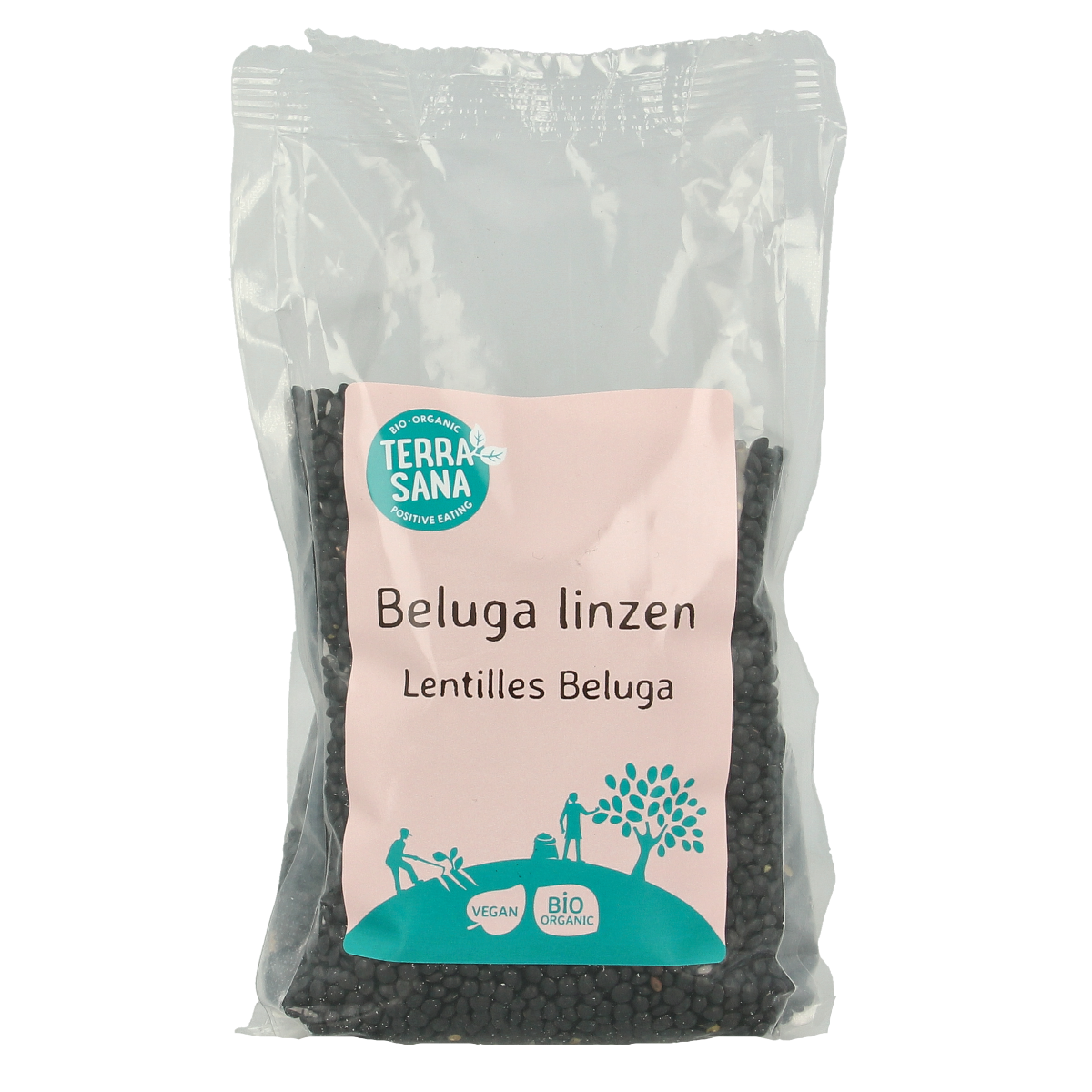 Organic TerraSana Beluga Lentils in a 500g package, showing the black lentil variety on a white background.