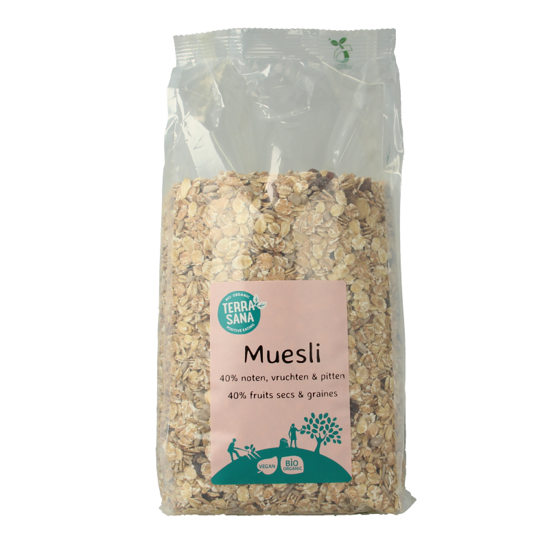 TerraSana bio muesli met noten en zuidvruchten in 1 kg, natural breakfast granola with mixed dried fruits and nuts.