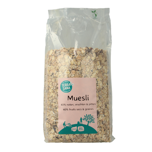 TerraSana bio muesli met noten en zuidvruchten in 1 kg, natural breakfast granola with mixed dried fruits and nuts.