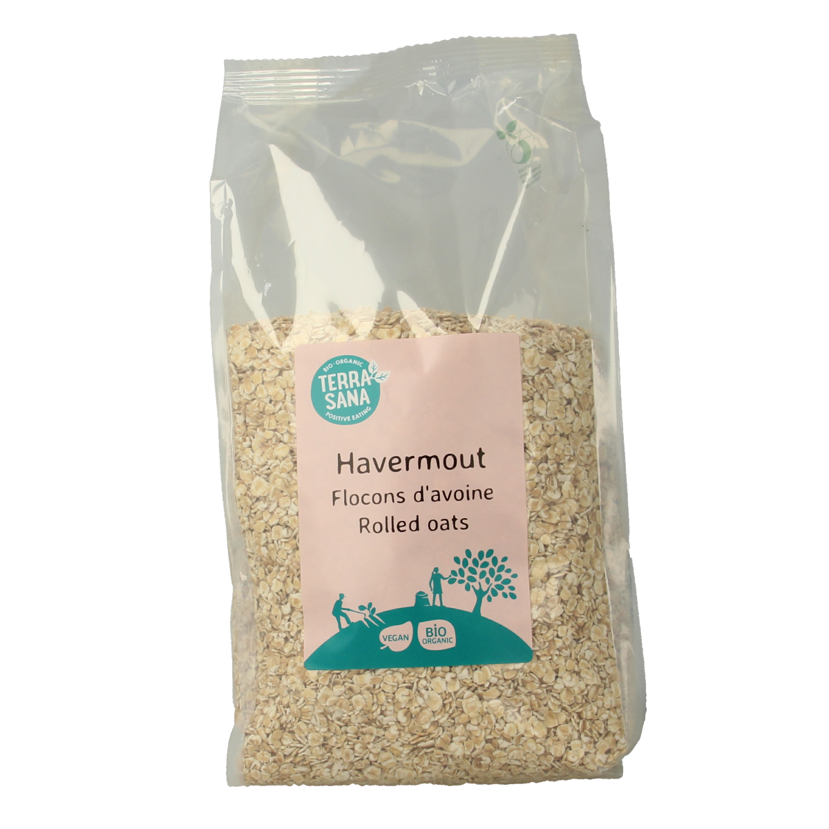 Organic TerraSana Havermout breakfast oats in a 750g package, showing the label and packaging details.