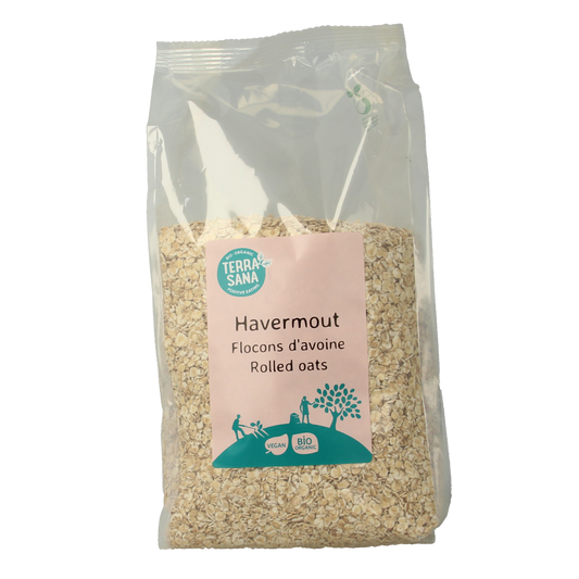 Organic TerraSana Havermout breakfast oats in a 750g package, showing the label and packaging details.