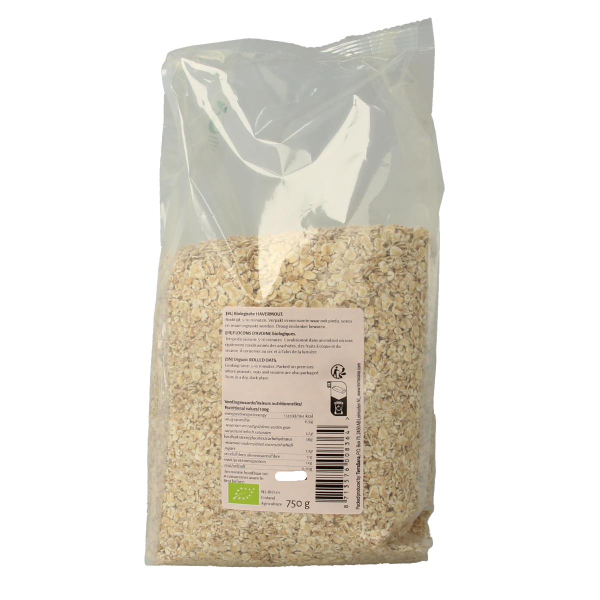 Organic TerraSana Havermout breakfast grains in a 750g package, showing a close-up of the oat flakes and packaging.