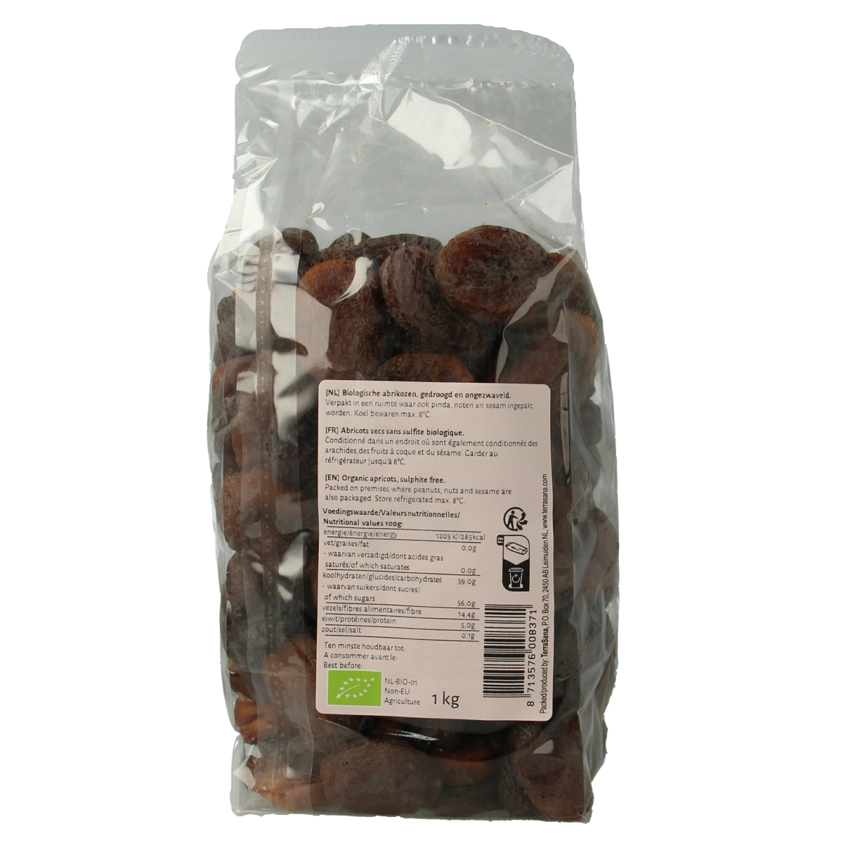 TerraSana RAW abrikozen ongezwaveld bio, 1 kg, dried organic apricots in a clear package for raw and superfoods.
