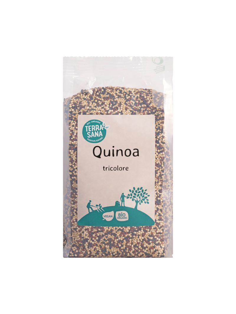 Raw TerraSana Super Quinoa Tricolore bio in 500g package, showing colorful uncooked quinoa grains from the superfoods product.
