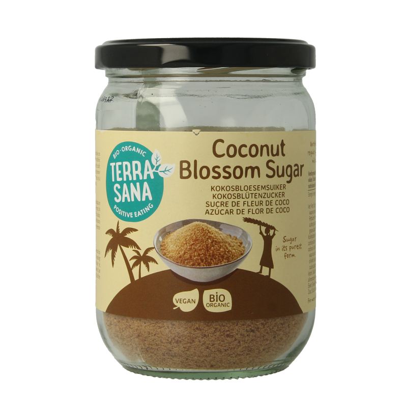 Organic TerraSana coconut blossom sugar in a 275g package, showing the product label and packaging details.