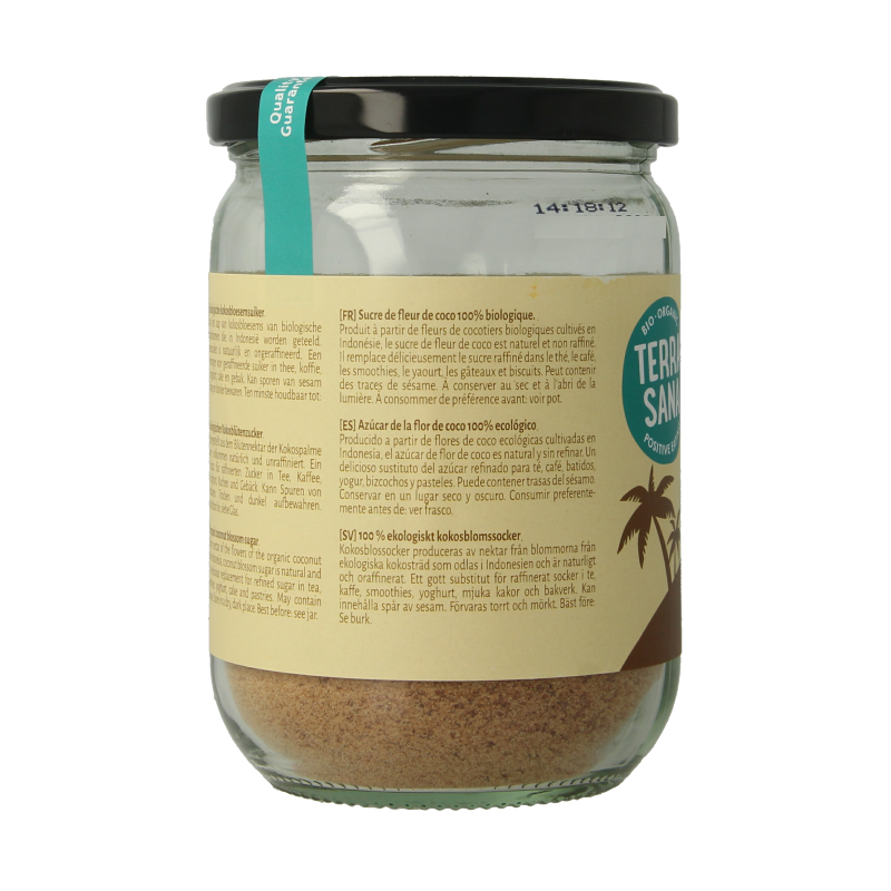 Organic TerraSana coconut blossom sugar in a 275g package, natural and unrefined sweetener for baking and beverages.