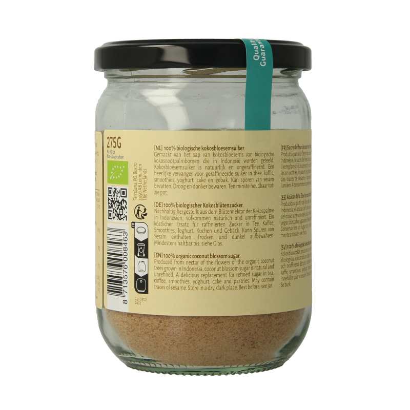 Organic TerraSana coconut blossom sugar in a 275g package, natural sweetener from coconut flowers, shown in the image.
