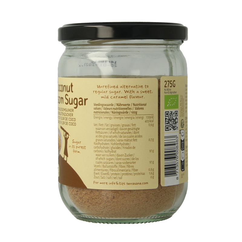 Organic TerraSana coconut blossom sugar in a 275g package, natural sweetener from coconut blossoms, product image.
