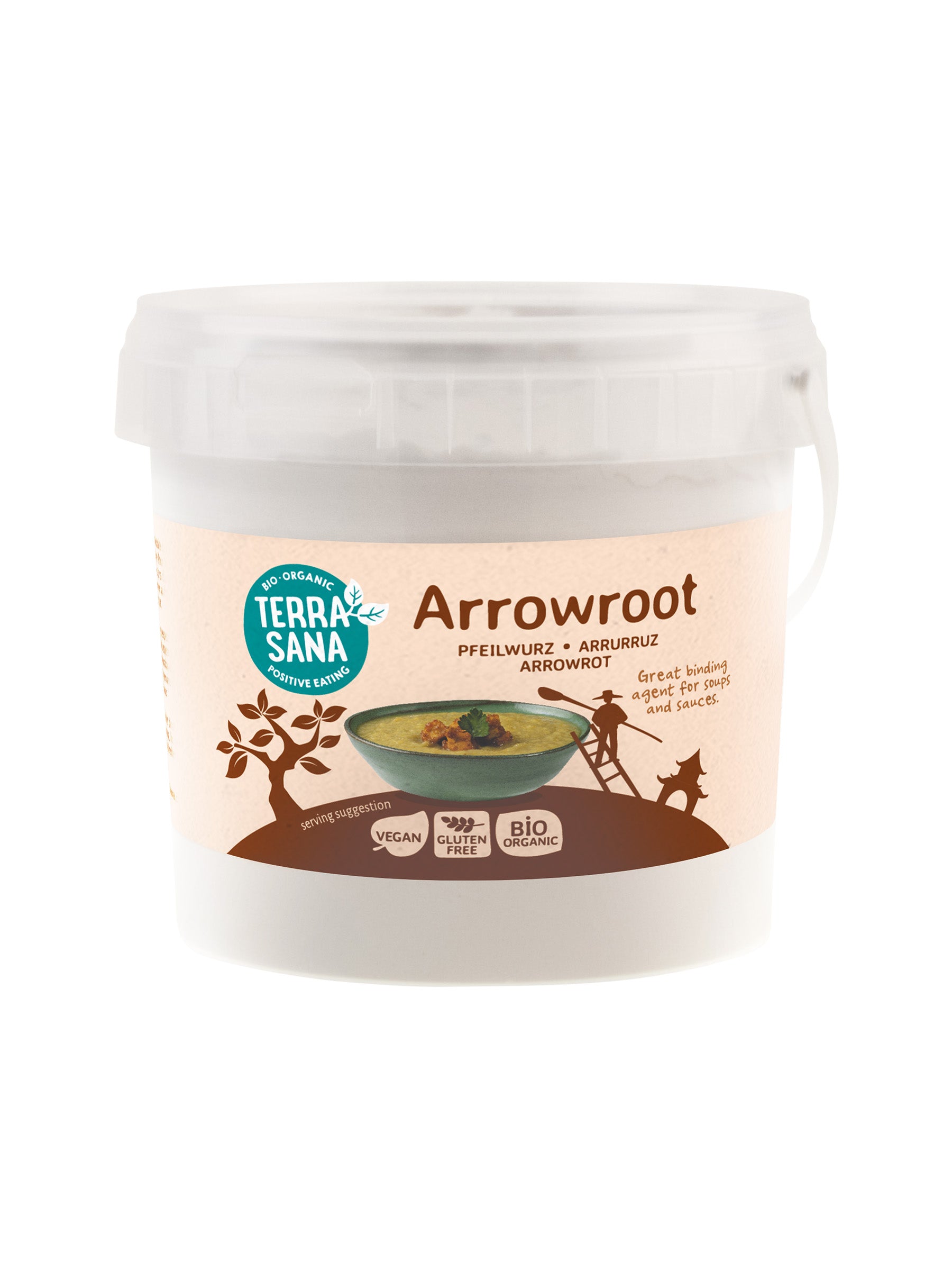 Organic TerraSana Arrowroot powder in a 800g bag, raw superfood product with a resealable package and natural texture.