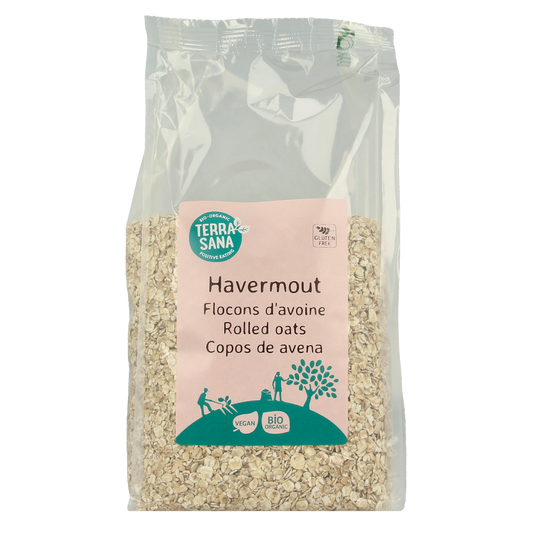 Gluten-free organic oatmeal from TerraSana in a 450g package, shown in a clear image of the breakfast grain product.