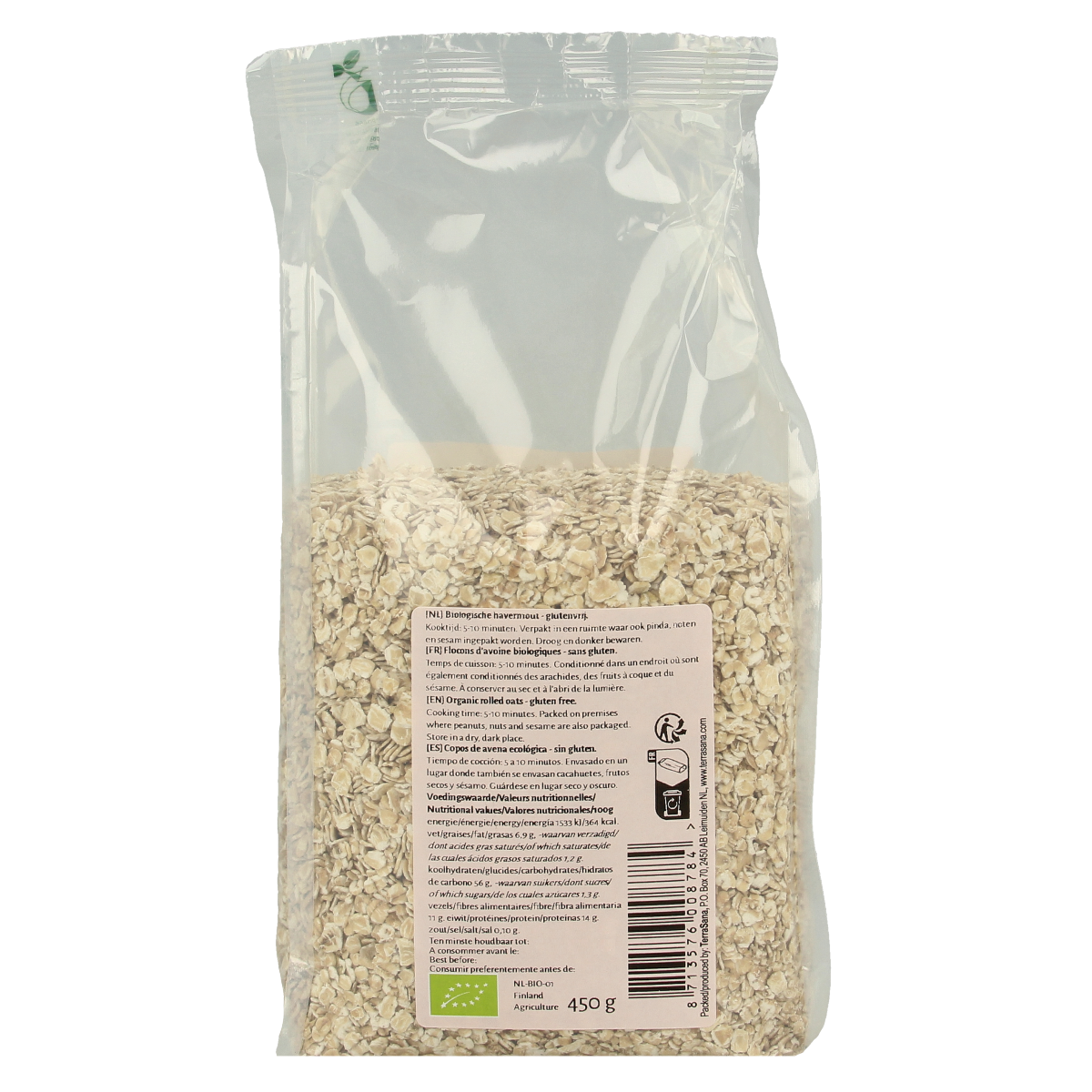 Gluten-free organic oatmeal from TerraSana in a 450g package, showing the natural oatmeal grains on the front of the box.
